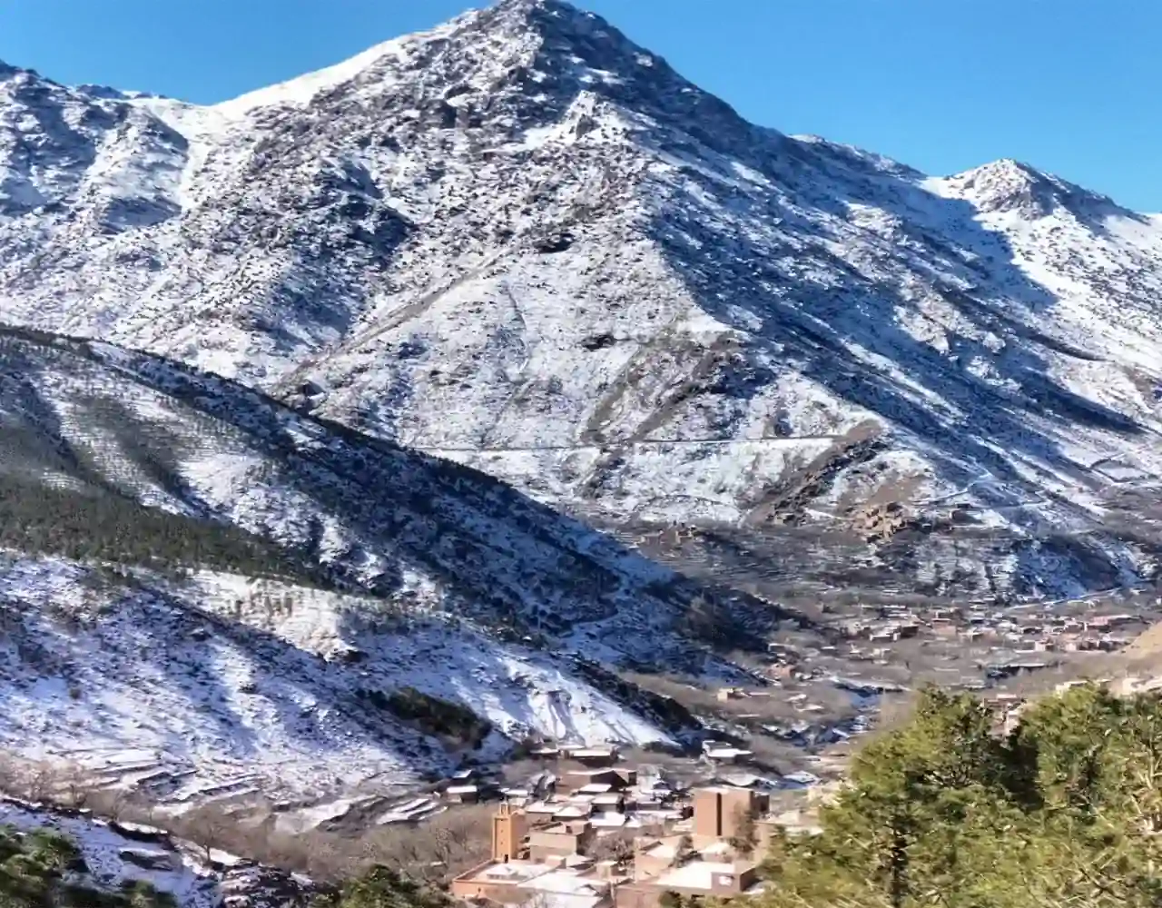 Panoramic view of Imlil Valley with terraced fields, High Atlas Mountains